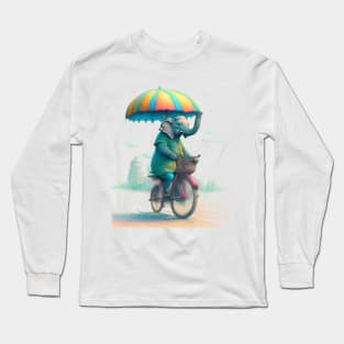 An elephant on a bicycle, holding an umbrella. Long Sleeve T-Shirt